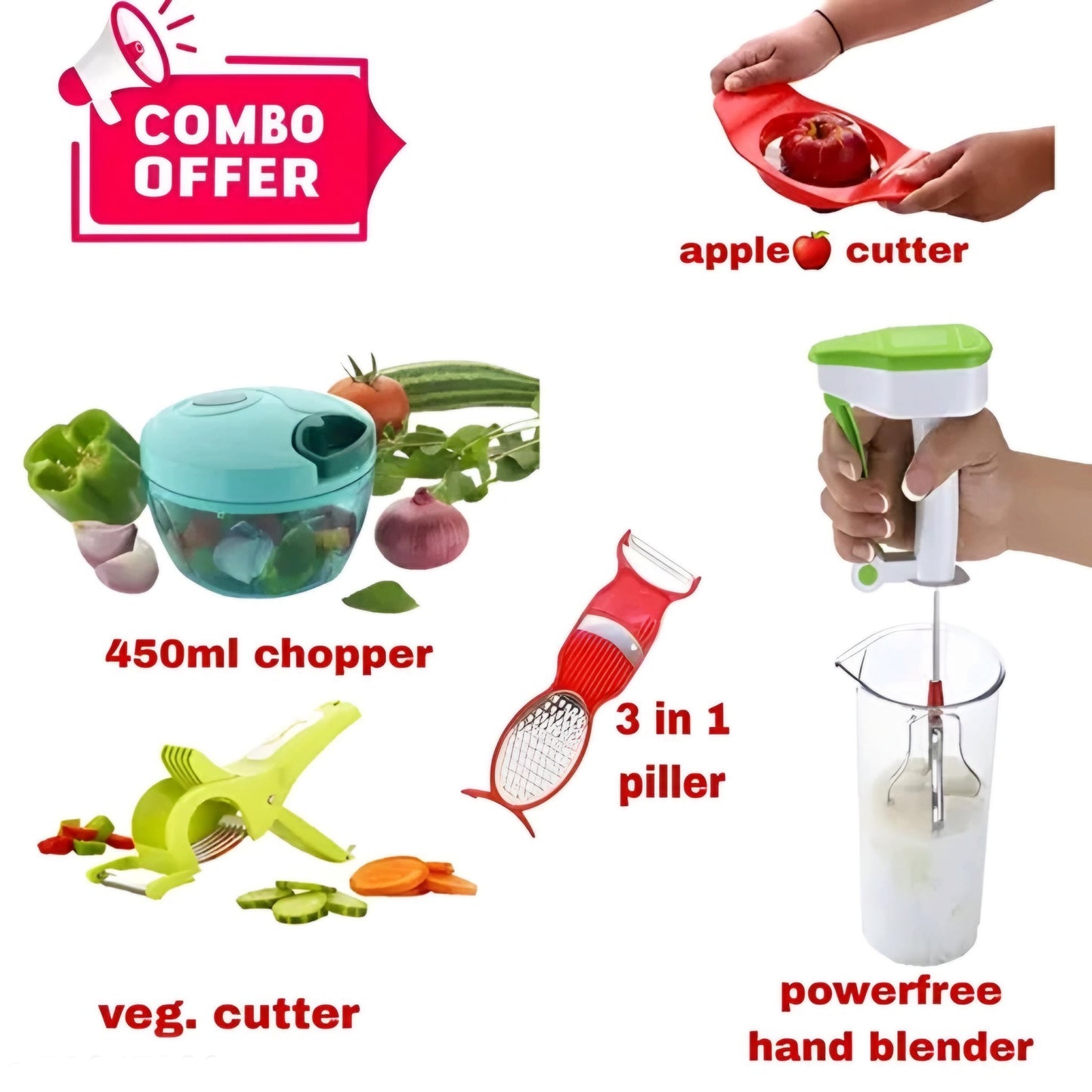 🥕 5-in-1 Kitchen Combo Set | Manual Hand Chopper, Apple Cutter, 3-in-1 Peeler, Vegetable Cutter & Power-Free Hand Blender (Multicolour, Pack of 5)