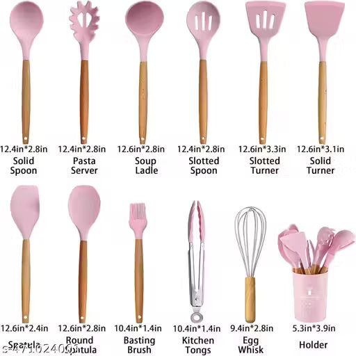 12-Piece Premium Silicone Cooking Utensil Set with Wooden Handles | BPA-Free, Heat-Resistant & Non-Stick Kitchen Tools (Pack of 12)