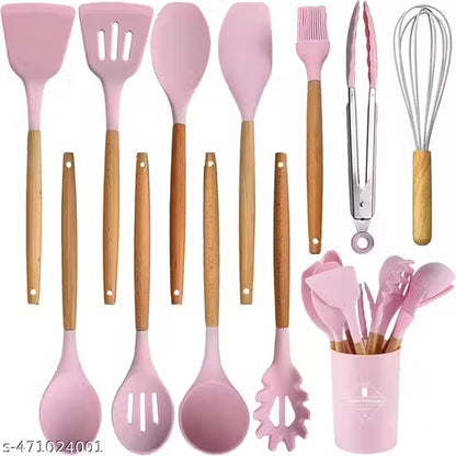 12-Piece Premium Silicone Cooking Utensil Set with Wooden Handles | BPA-Free, Heat-Resistant & Non-Stick Kitchen Tools (Pack of 12)